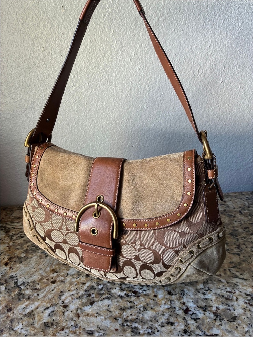 Coach Brown Suede and Canvas Shoulder Bag with Buckle Accent - Picture 1 of 1
